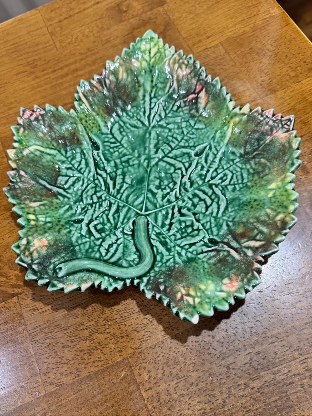 Bordallo Pinheiro Majolica Leaf Dish Green Orange Glaze Pottery Made in Portugal - Picture 3 of 11